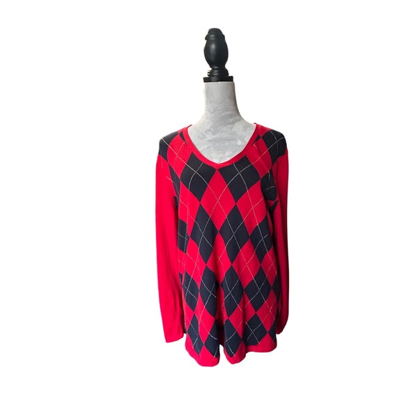 Tommy Hilfiger Argyle V Neck Sweater Long Sleeve XL Extra Large Red Black - Picture 1 of 7